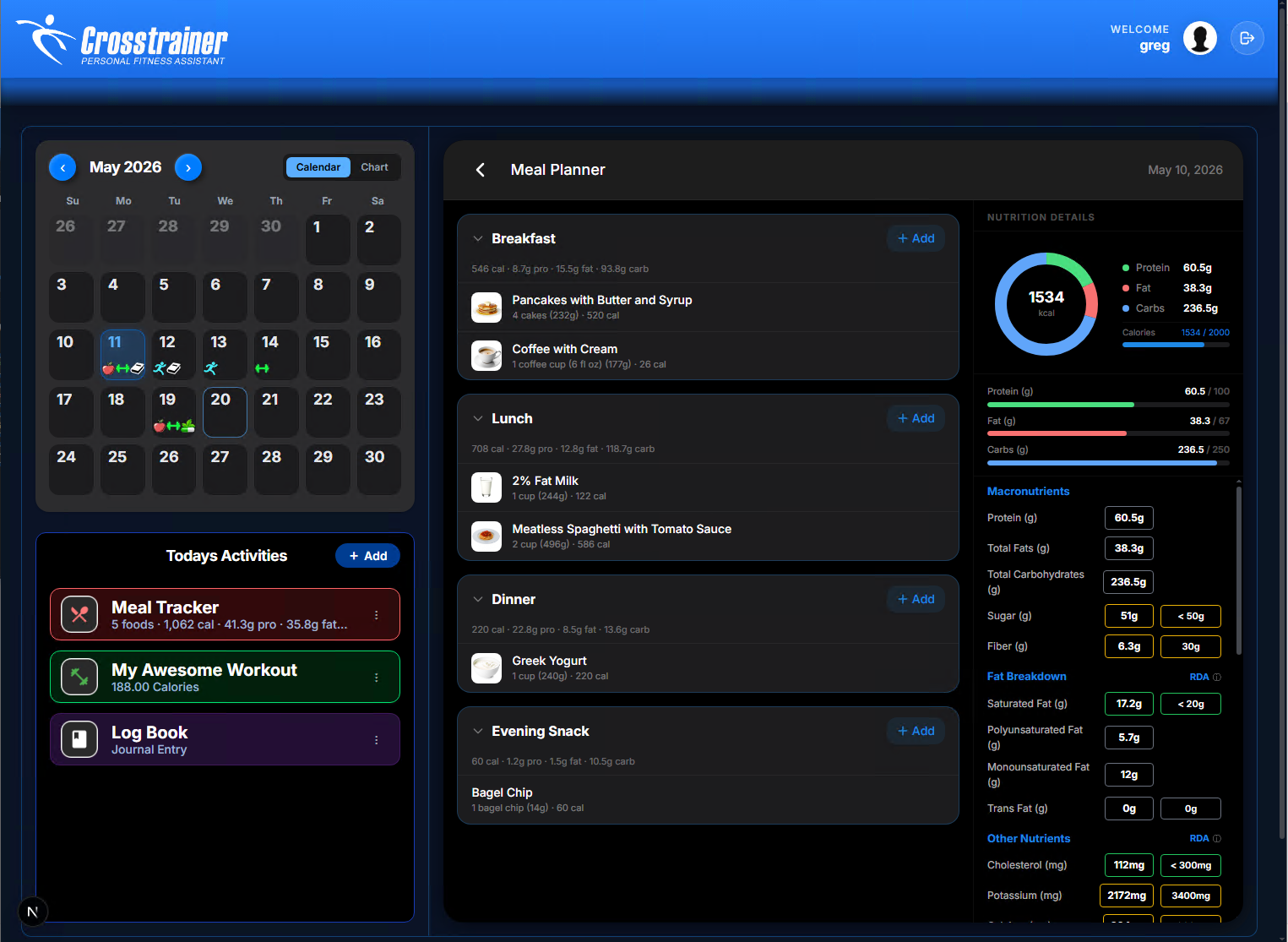 CrossTrainer web dashboard meals screen